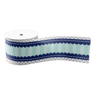 Aqua Navy Blue Stripes en Polka Dots Pattern Grosgrain Lint