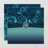 Aqua & Navy Blue Velvet Wedding Swirl Kaart (Voorkant / Achterkant)