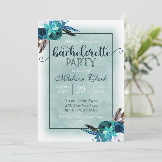 Aqua & Navy Blue vrijgezellenfeest uitnodiging (Staand voorkant)