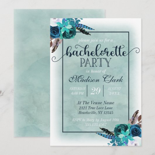 Aqua & Navy Blue vrijgezellenfeest uitnodiging (Voorkant / Achterkant)