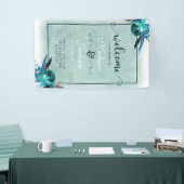 Aqua & Navy Blue Waterverf Bloemenbruiloft Welkom Spandoek (Beurs)