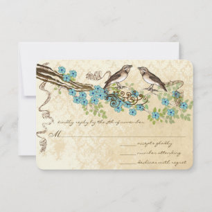 Aqua & Navy Kersenbloesem Vintage Vogel Bruiloften RSVP Kaartje