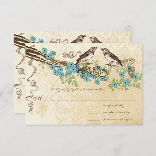 Aqua & Navy Kersenbloesem  Vogelbruiloften RSVP Kaartje (Voorkant / Achterkant)