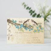 Aqua & Navy Kersenbloesem  Vogelbruiloften RSVP Kaartje (Staand voorkant)