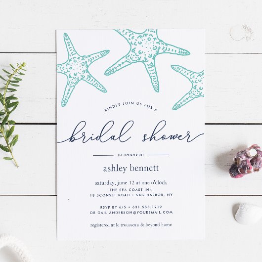 Aqua & Navy Starfish Bridal Shower Kaart