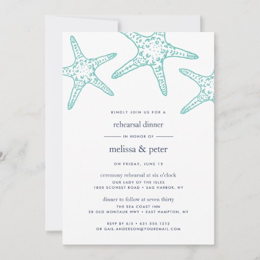 Aqua & Navy Starfish Repetitie Diner Uitnodiging (Voorkant)