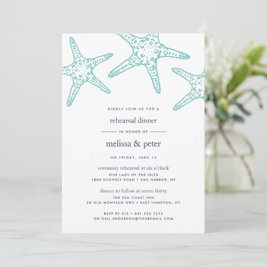 Aqua & Navy Starfish Repetitie Diner Uitnodiging (Staand voorkant)