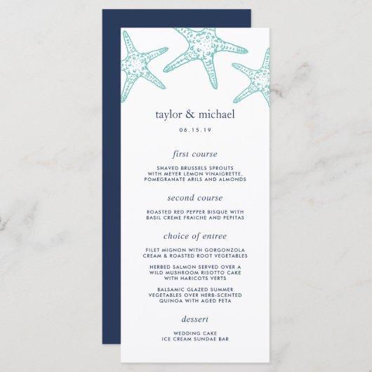 Aqua & Navy Starfish Wedding Menu Kaart (Voorkant / Achterkant)