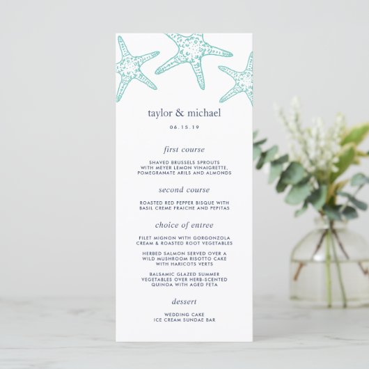 Aqua & Navy Starfish Wedding Menu Kaart (Staand voorkant)