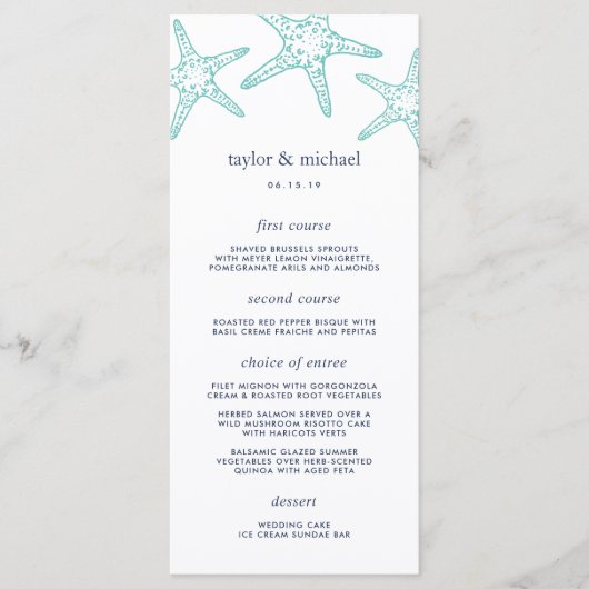 Aqua & Navy Starfish Wedding Menu Kaart (Voorkant)