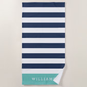 Aqua & Navy Stripe, gepersonaliseerd Strandlaken (Voorkant)