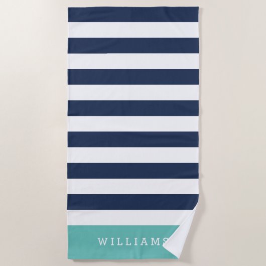 Aqua & Navy Stripe, gepersonaliseerd Strandlaken (Voorkant)