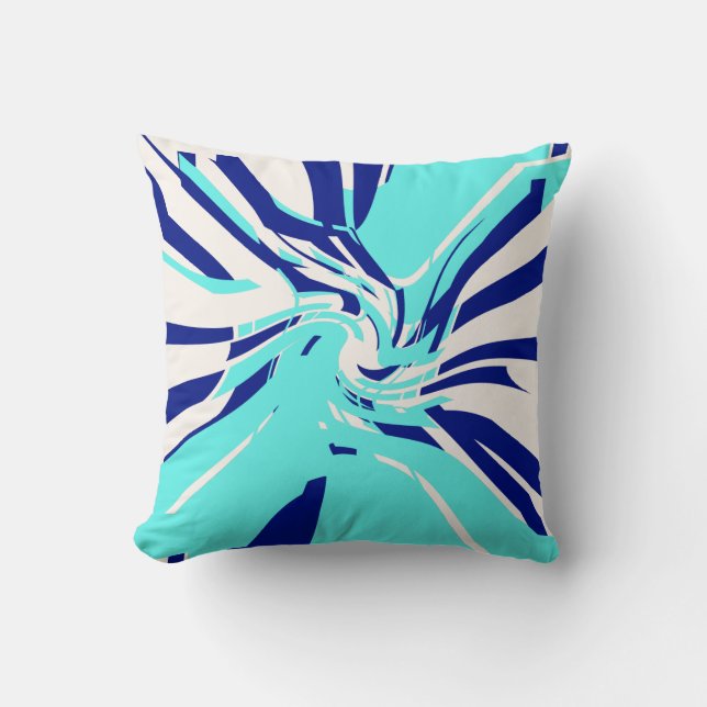 Aqua Navy White Swirling Abstract Floral Design Kussen (Voorkant)