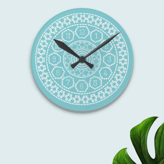 Aqua Nordic Cross Stitch Wall Clock Ronde Klok