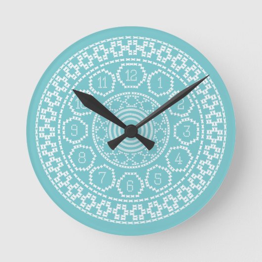 Aqua Nordic Cross Stitch Wall Clock Ronde Klok (Voorkant)