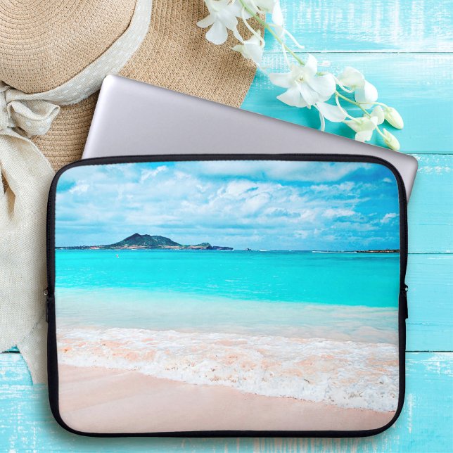 Aqua oceaan en zandstrand foto aangepast monogram laptop sleeve (Creator heeft geüpload)