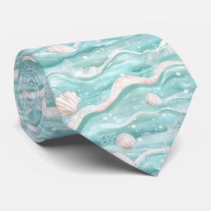 Aqua Oceaan Golven & Schelpenpatroon (1) Stropdas