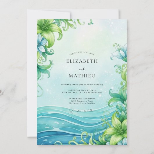 Aqua Oceaangolf Stof Eucalyptus Bruiloft Kaart (Voorkant)