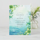Aqua Oceaangolf Stof Eucalyptus Bruiloft Kaart (Staand voorkant)