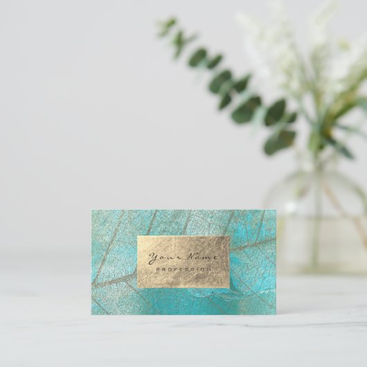 Aqua Ocean Blue Gold Foil botanische cementstrips Visitekaartje (Staand voorkant)
