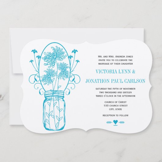 Aqua Ocean Blue Mason Jar Wild Flower Wedding Kaart (Voorkant)