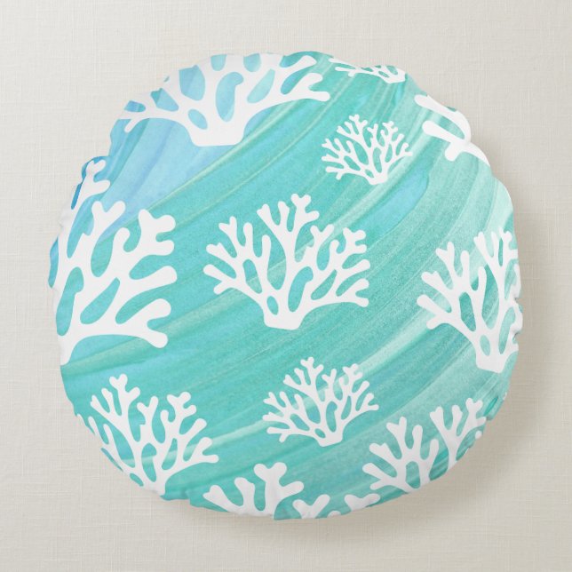 Aqua Ocean Coral Sealife Rond Kussen (Voorkant)