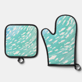 Aqua Ocean Fish Nautical Ovenwant & Pannenlap Set