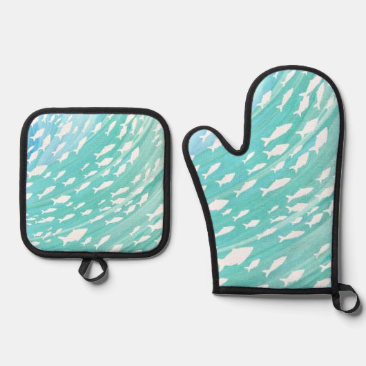 Aqua Ocean Fish Nautical Ovenwant & Pannenlap Set (Voorkant)