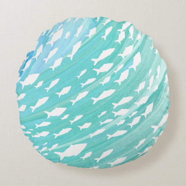 Aqua Ocean Fish Nautical Rond Kussen (Voorkant)