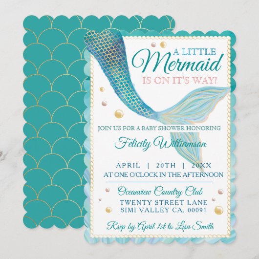 Aqua Ocean Mermaid Tail Baby shower Kaart (Voorkant / Achterkant)