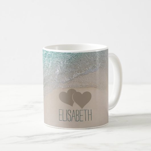 Aqua Ocean Sand Carved Hearts Voeg Naam toe Koffiemok (Voorkant rechts)