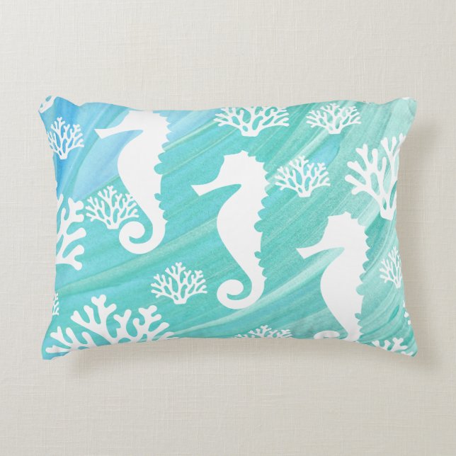 Aqua Ocean Seahorse Coral Sealife Accent Kussen (Voorkant)