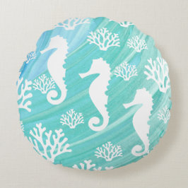 Aqua Ocean Seahorse Coral Sealife Rond Kussen