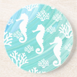 Aqua Ocean Seahorse Coral Sealife Zandsteen Onderzetter