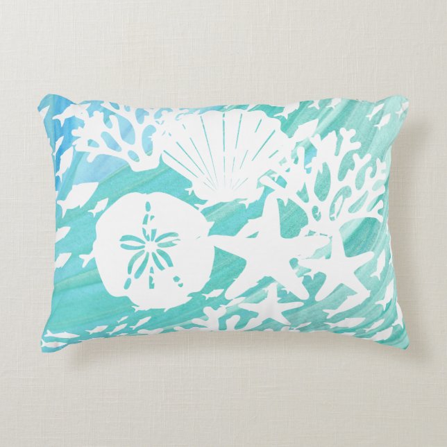 Aqua Ocean Seashells Fish Coral  Accent Kussen (Voorkant)