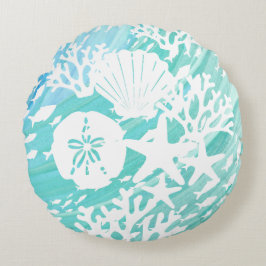 Aqua Ocean Seashells Viskoraal Rond Kussen
