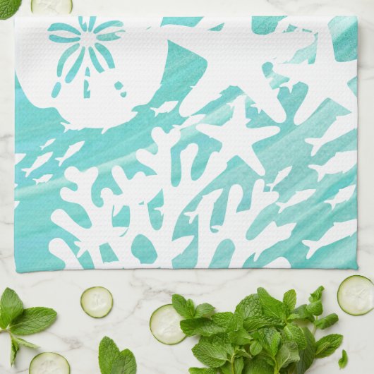 Aqua Ocean Seashells Viskoraal Theedoek (Gevouwen)