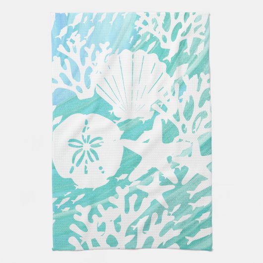 Aqua Ocean Seashells Viskoraal Theedoek (Verticaal)