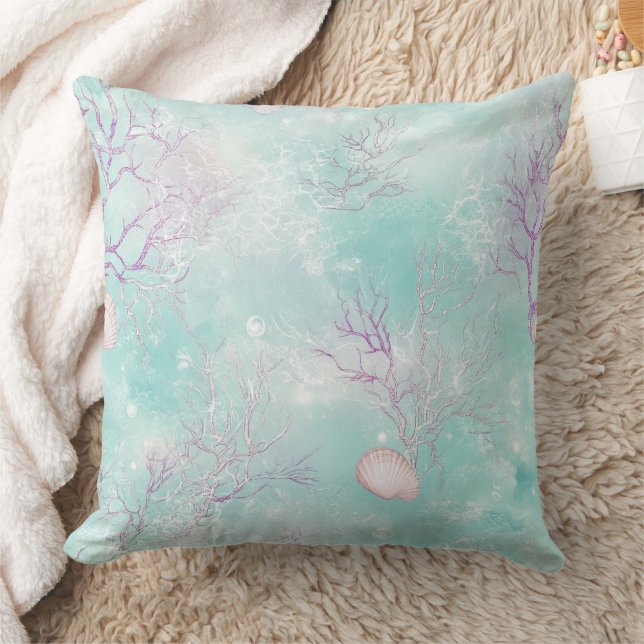 Aqua Ocean Waves & Seashell Pattern (16) Kussen (Deken)