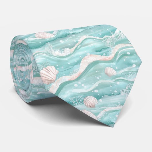 Aqua Ocean Waves & Seashell Pattern (1) Stropdas (Opgerold)