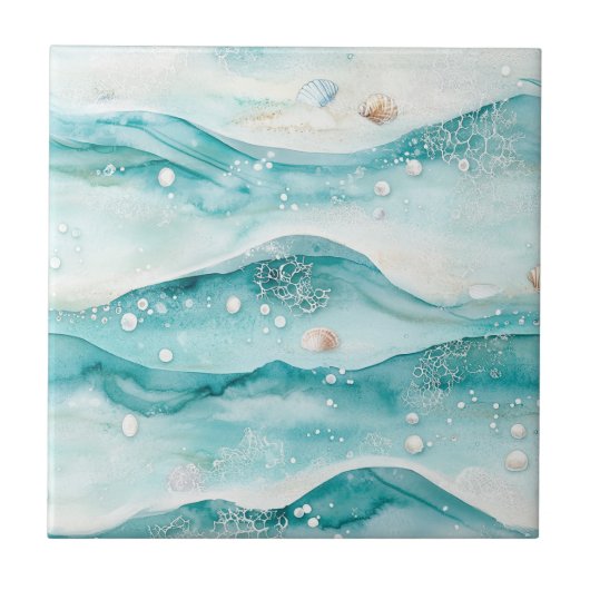 Aqua Ocean Waves & Seashell Pattern (5) Tegeltje (Voorkant)