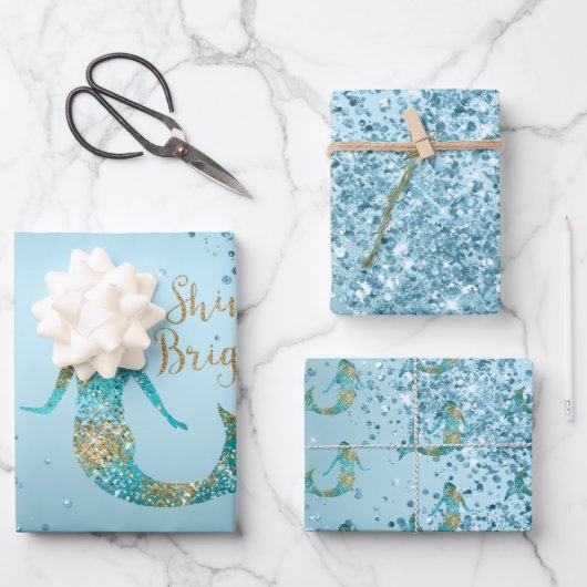 Aqua Ombre Gold Glitter Sparkle Mermaid Inpakpapier Vel (Voorkant)