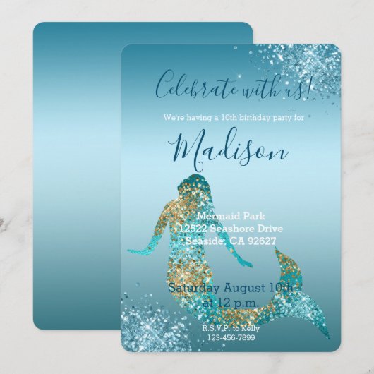Aqua Ombre Gold Glitter Sparkle Mermaid Invitation Kaart (Voorkant / Achterkant)