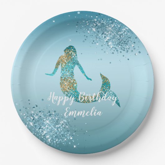 Aqua Ombre Gold Glitter Sparkle Zeemeermin Papieren Bordje (Voorkant)