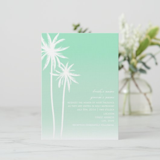 Aqua ombré palm Trees Beach Wedding Invitation Kaart (Staand voorkant)