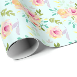 Aqua Ombre Roze Gele Bloemen Cadeaupapier