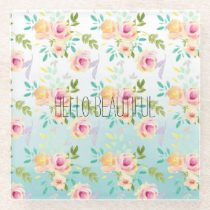 Aqua Ombre Roze Gele Bloemen Glazen Onderzetter