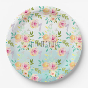 Aqua Ombre Roze Gele Bloemen Papieren Bordje