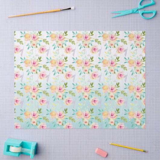 Aqua Ombre Roze Gele Bloemen Tissuepapier (Craft)