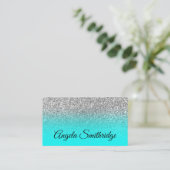 Aqua Ombre Silver Glitter Foto Visitekaartje (Staand voorkant)